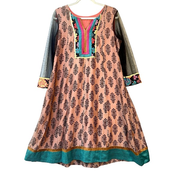 VTG Boho Bohemian Silk Dress Sheer Sleeves block print Kurti Kurta‎ Indian M/L - Picture 1 of 8